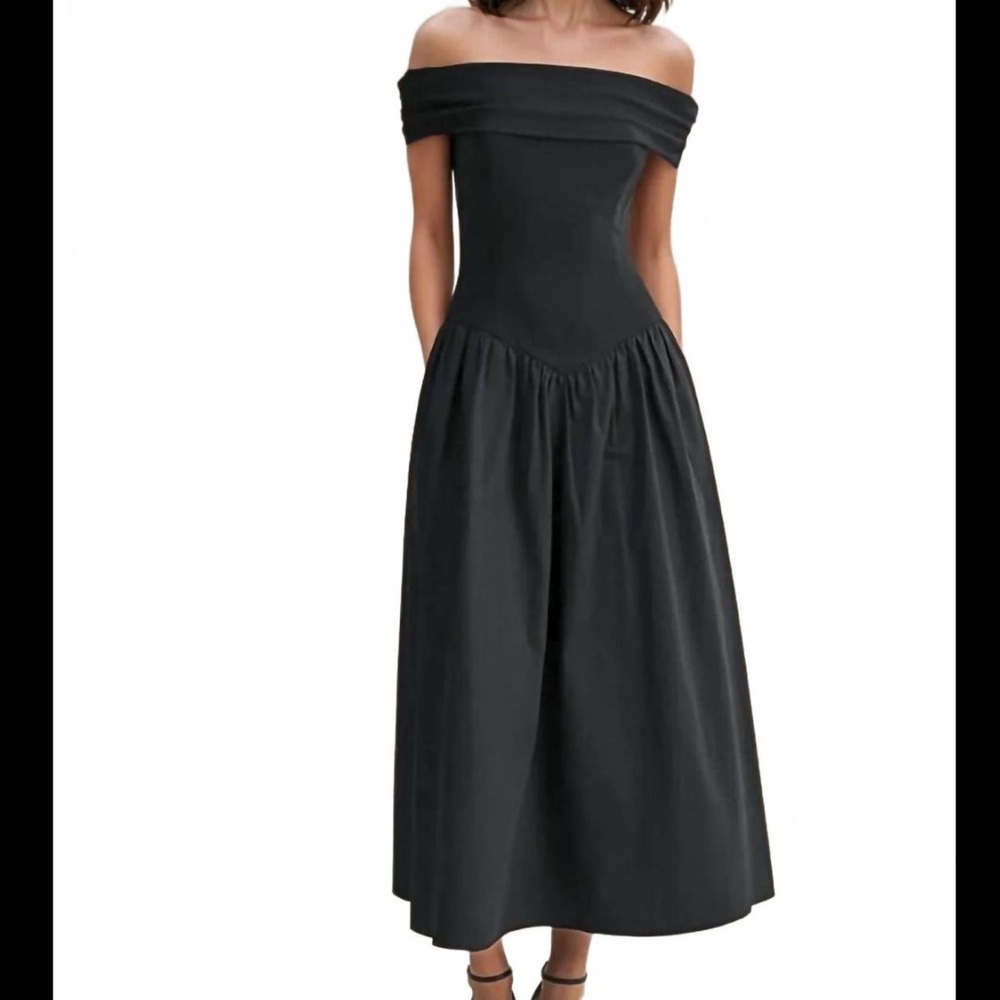 Mustard Seed Off-Shoulder Black Midi Dress